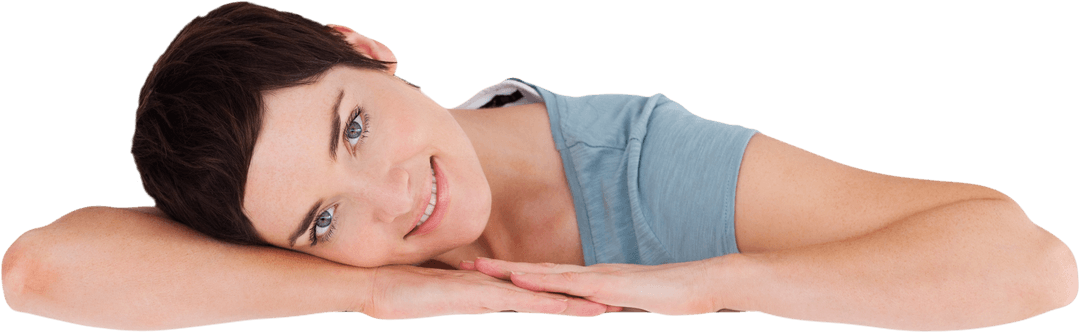 Smiling Brunette Resting Head on Arms Transparent Background