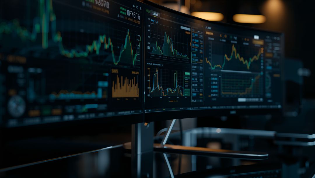 Curved Monitors Displaying Financial Charts in Trading Room