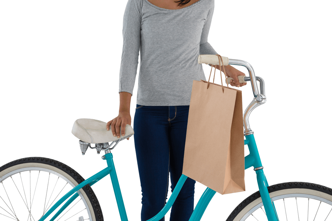 Woman Holding Paper Bag and Blue Bicycle on Transparent Background