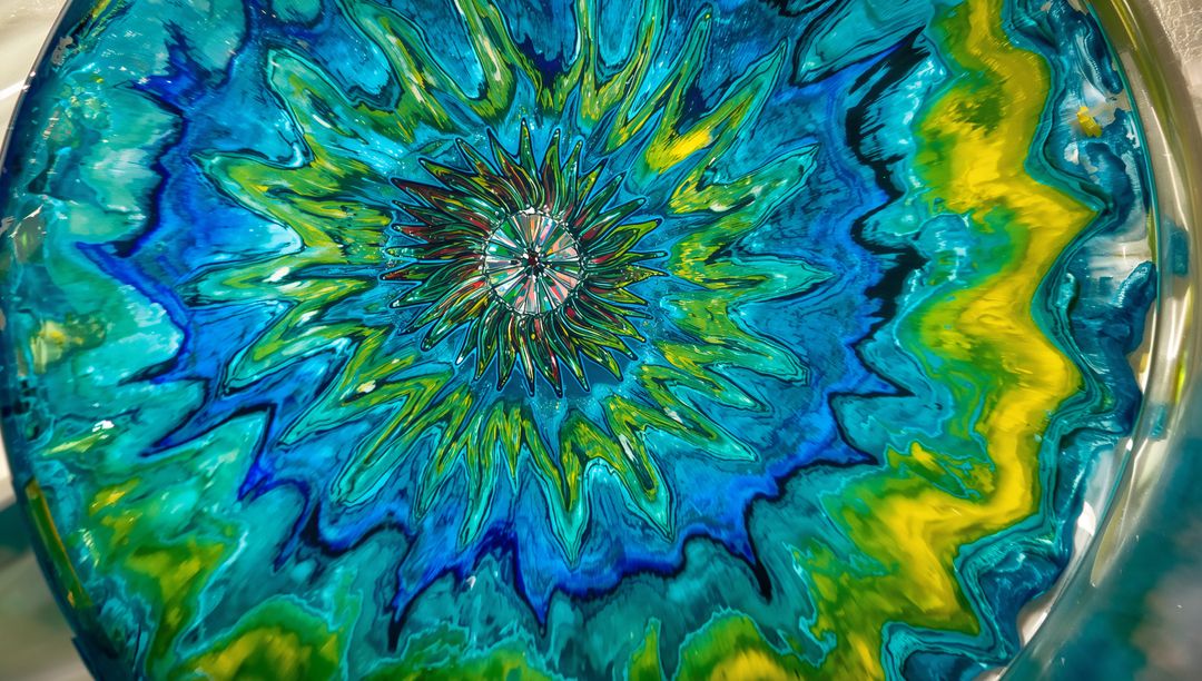 Vibrant Abstract Resin Art with Radiant Bursts in Metallic Tray
