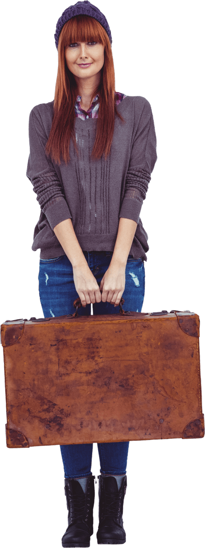 Smiling Hipster Woman Holding Vintage Suitcase Transparent Background