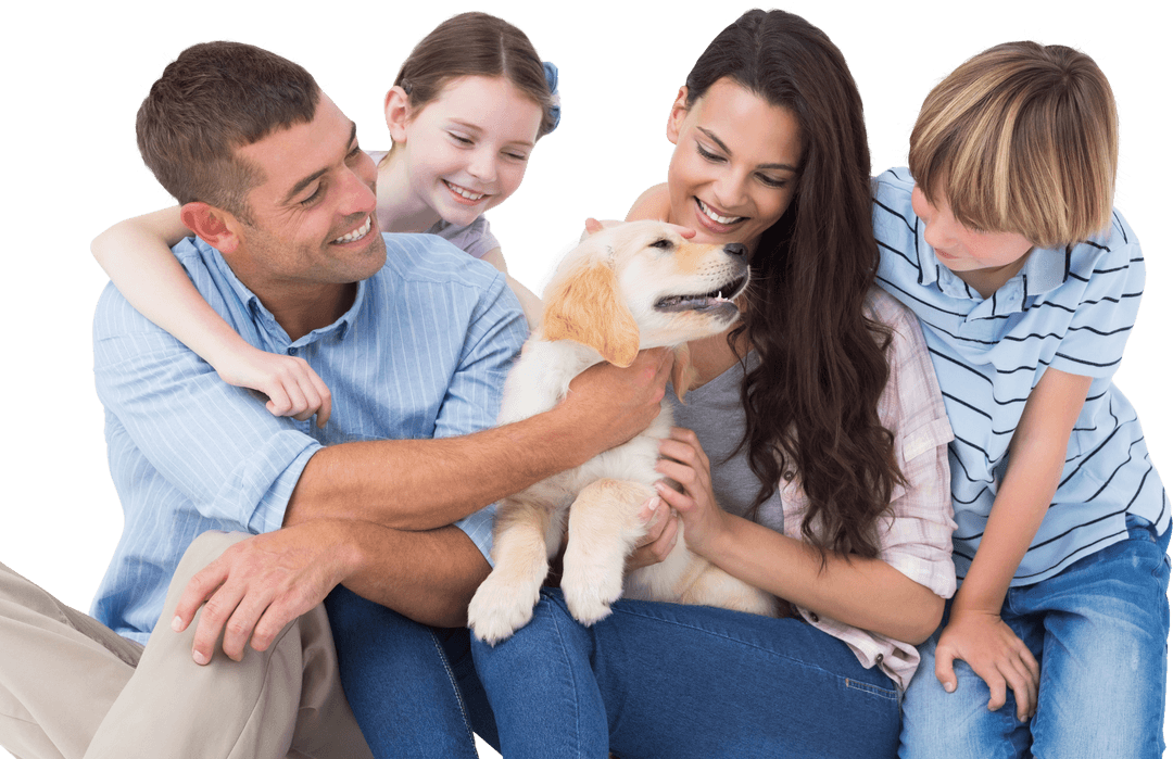 Happy Family of Four Playing with Dog on Transparent Background