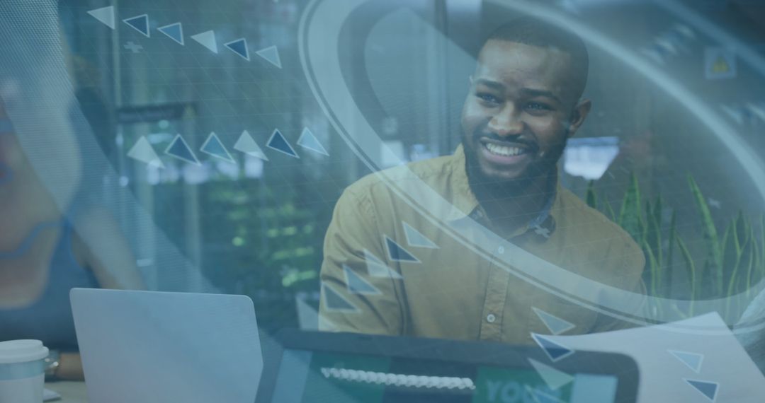 Smiling Professional Collaborating in Modern Office with Digital Interface Overlay