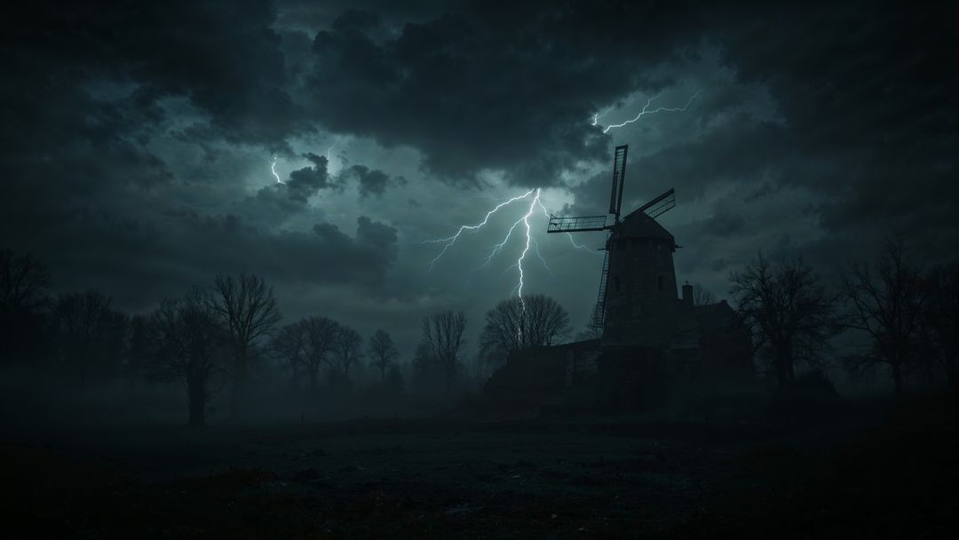 Lightning Strikes Dramatic Nighttime Scene with Stone Windmill