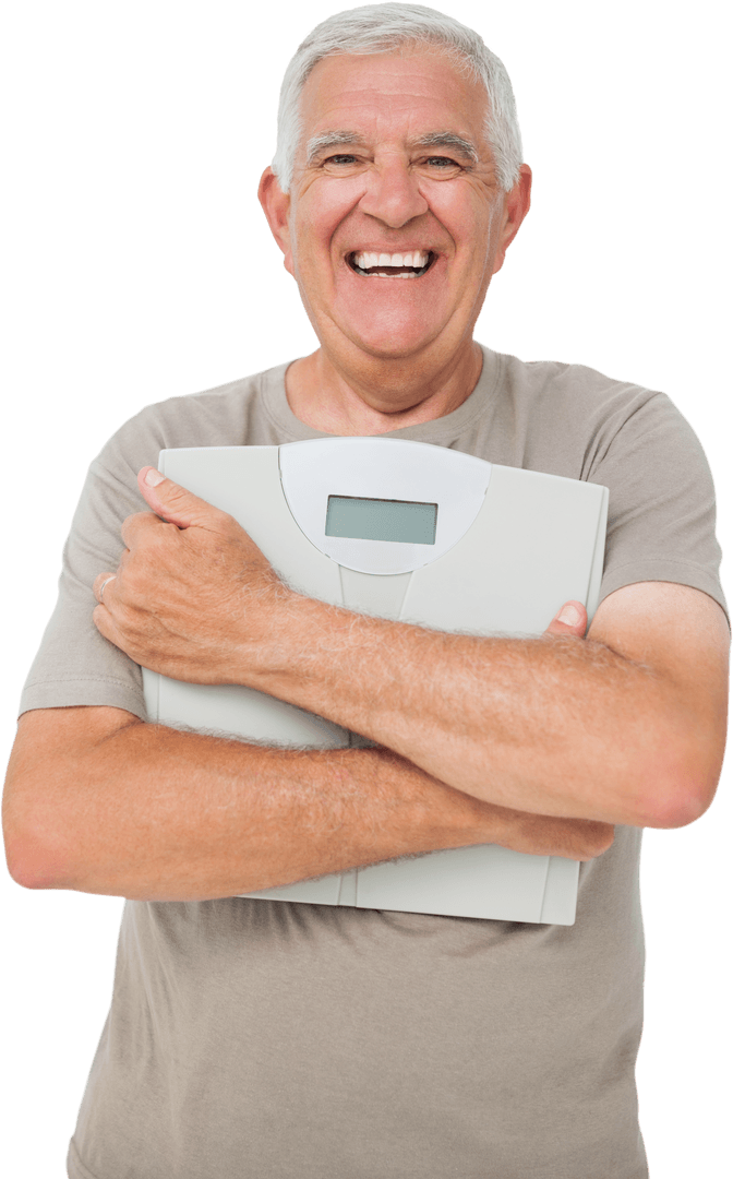 Transparent Cheerful Senior Man Hugging Weighing Scales