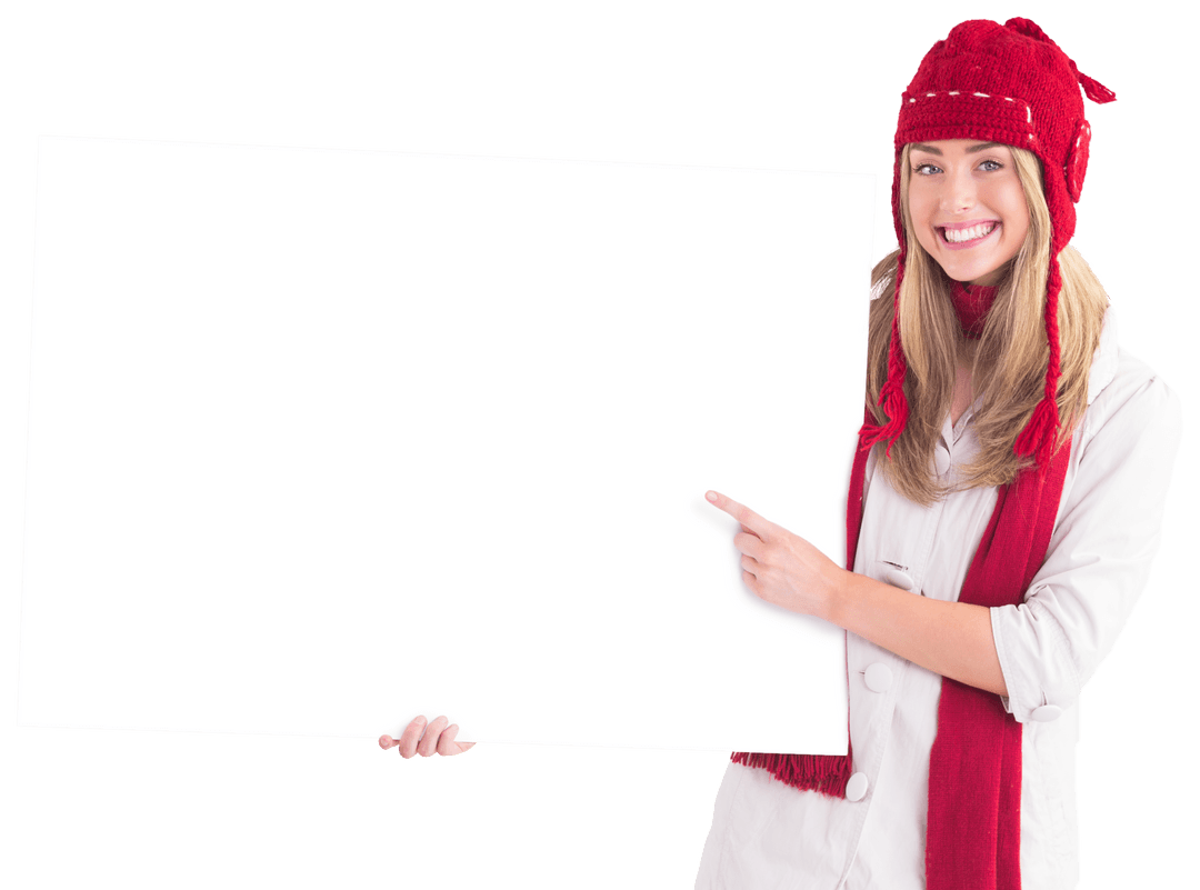 Smiling Woman in Winter Clothes Holding Transparent Blank Sign Board