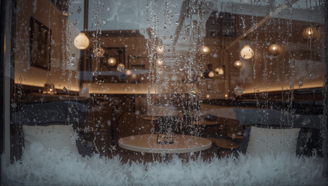 Rainy Cafe Window with Frost and Warm Globe Lights Framing Empty Round Table and Cozy Interior Glow