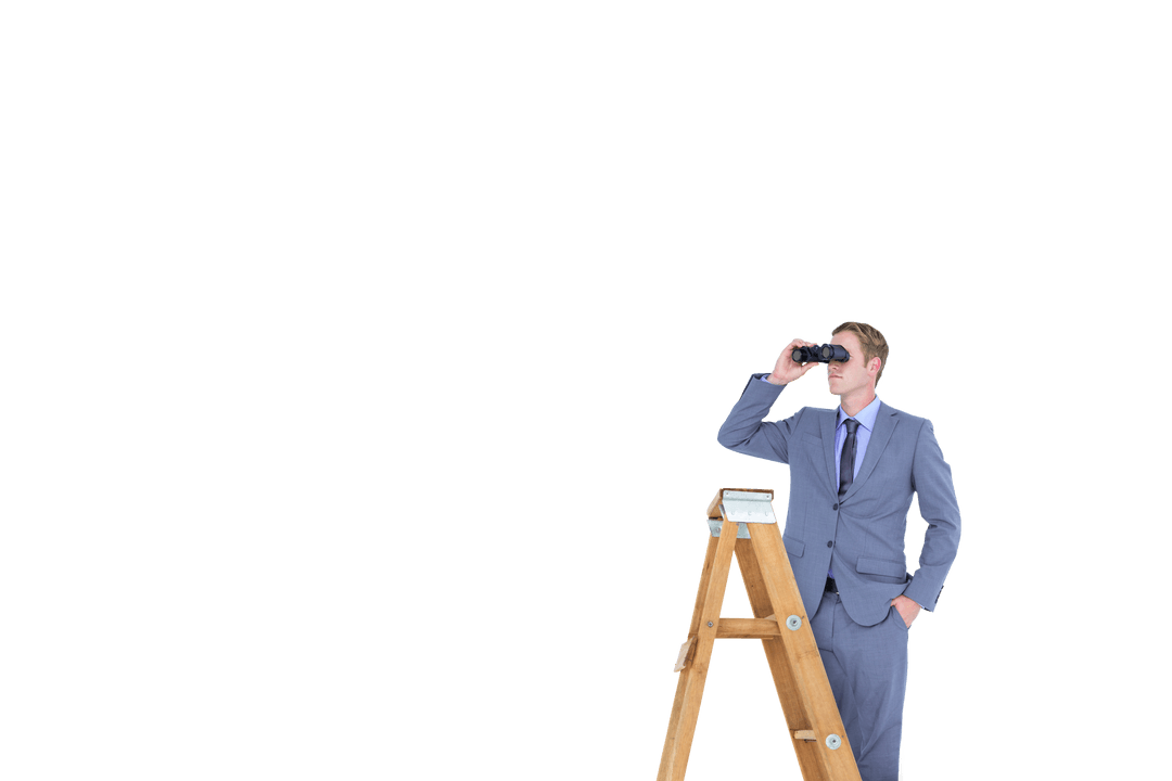 Businessman Climbing Ladder Looking Through Binoculars Transparent Background