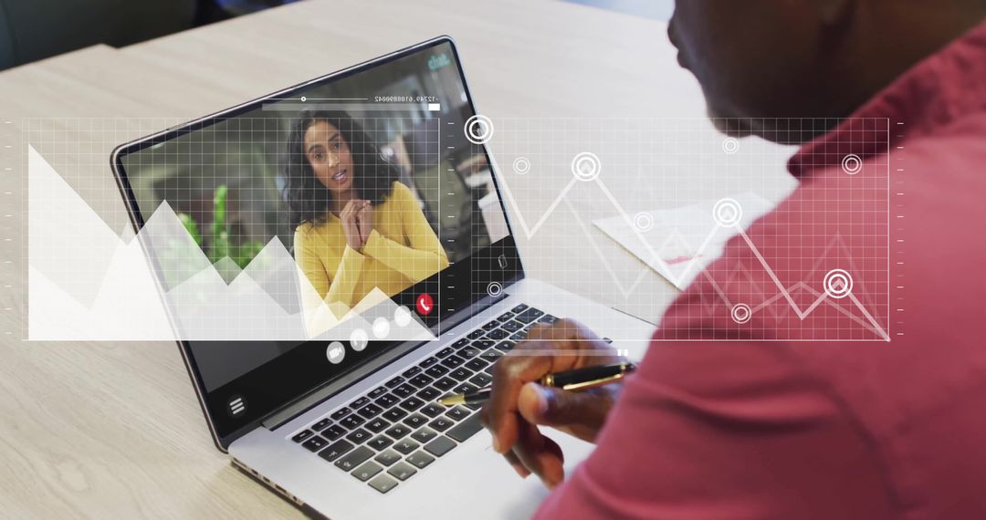 Virtual Business Meeting with Financial Data Graphics Overlay