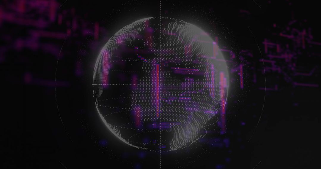 Rotating dotted mesh sphere pulsing magenta streaks HUD holographic neon pointcloud orb