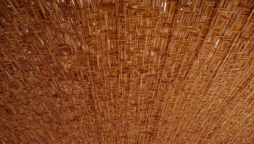 Woven Rattan Ceiling Panels Forming Geometric Crosshatch Pattern in Warm Amber Woodgrain