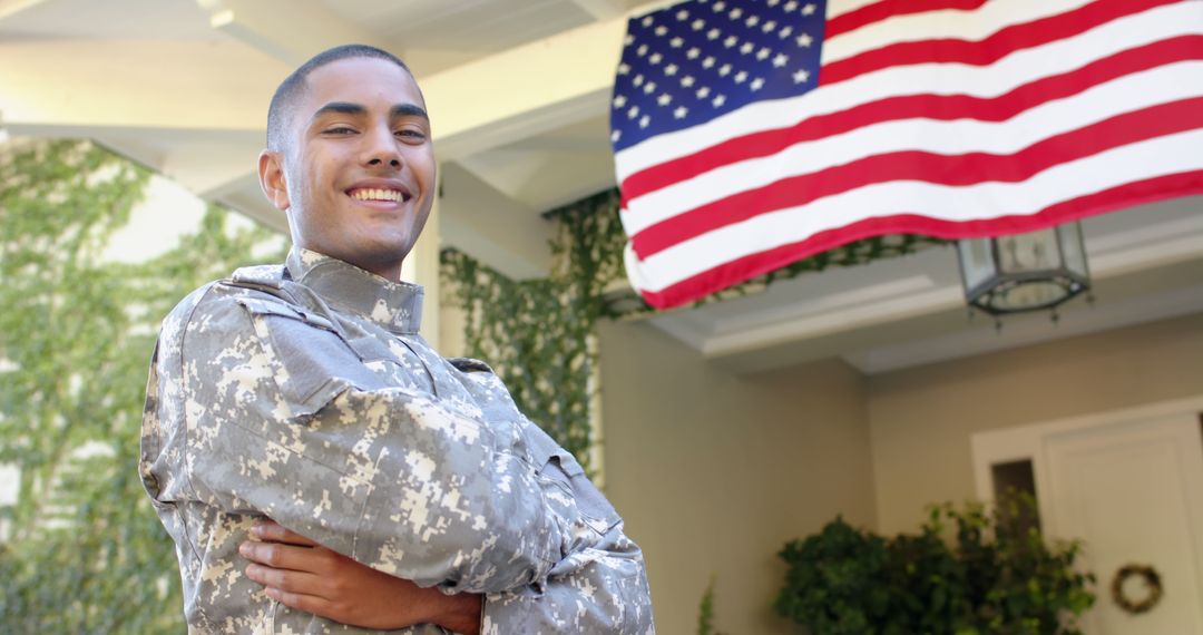 Proud Military Man Standing with American Flag in Background - Free Images, Stock Photos and Pictures on Pikwizard.com