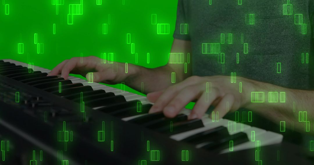 Pianist's Hands on Keyboard with Neon Green Digital Effects