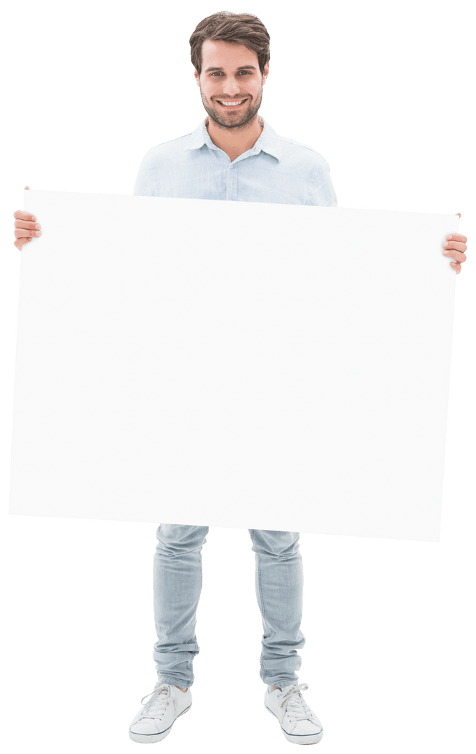 Young Smiling Man Holding Transparent Blank Sign for Advertisement