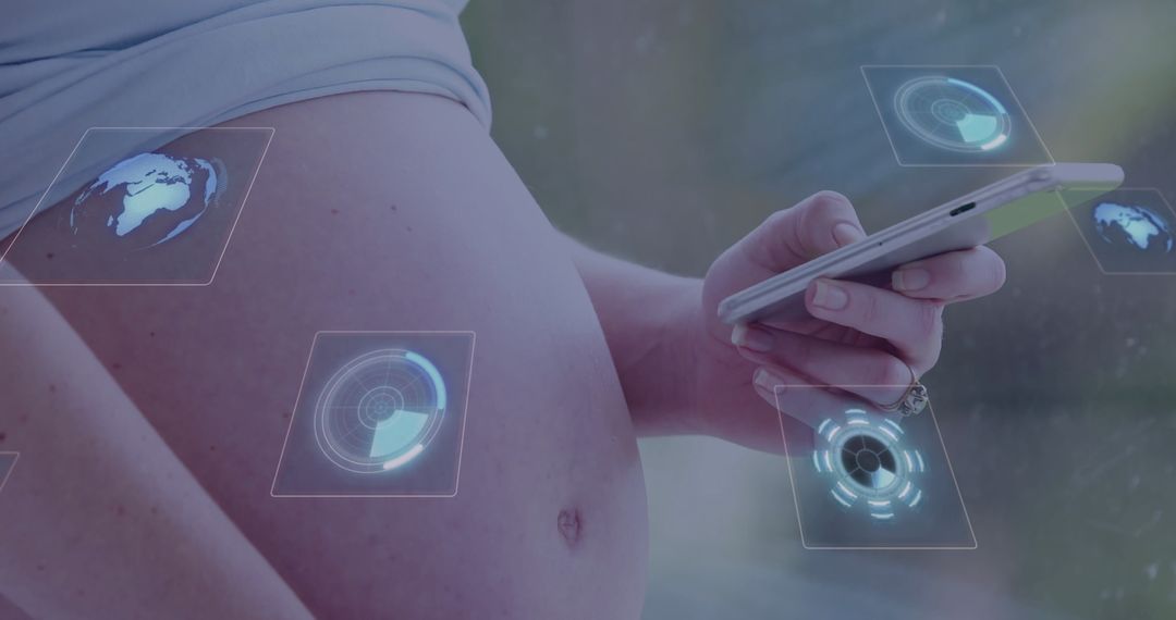 Pregnancy and Technology: Expectant Mother with Holographic Overlay