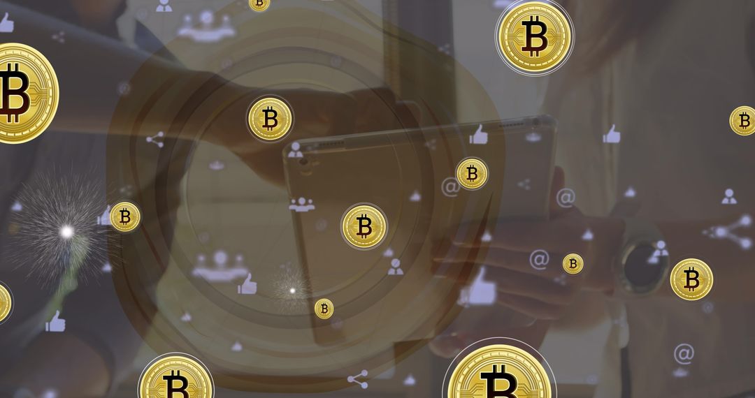 Business Professionals Using Tablet with Bitcoin and Social Media Overlay