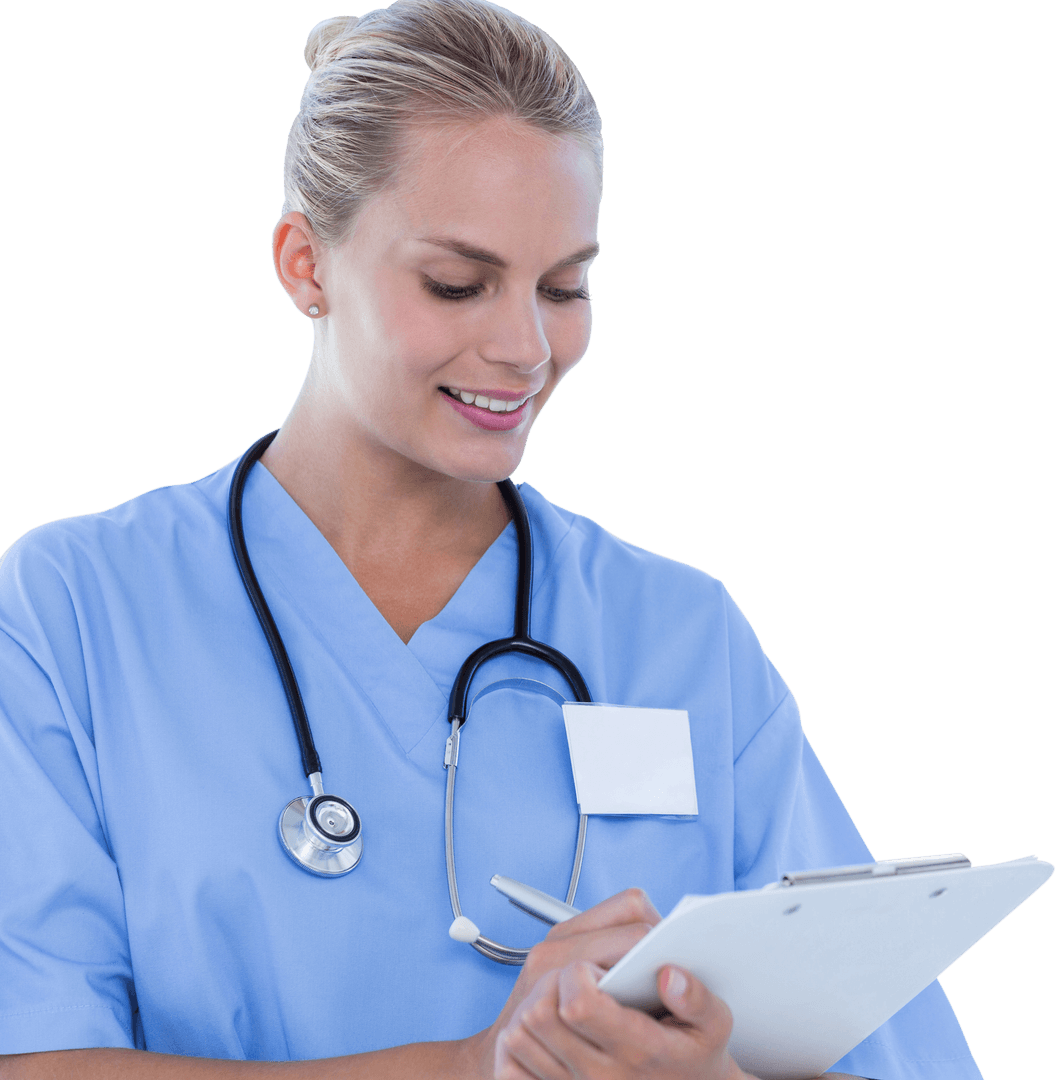 Smiling Female Doctor with Clipboard in Transparent Medical Scene