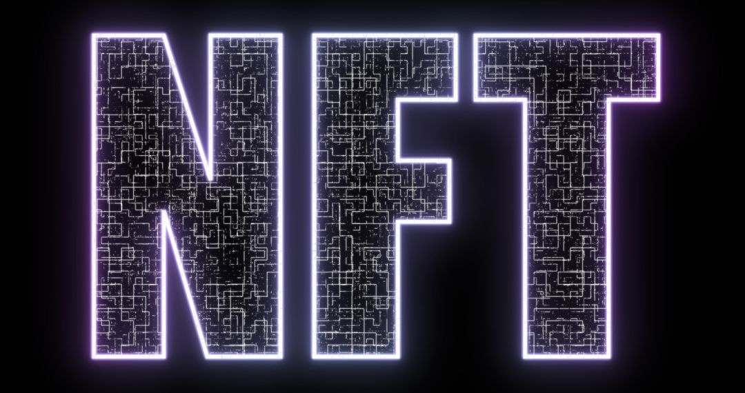 Glowing NFT Text with Circuit Pattern on Black Background