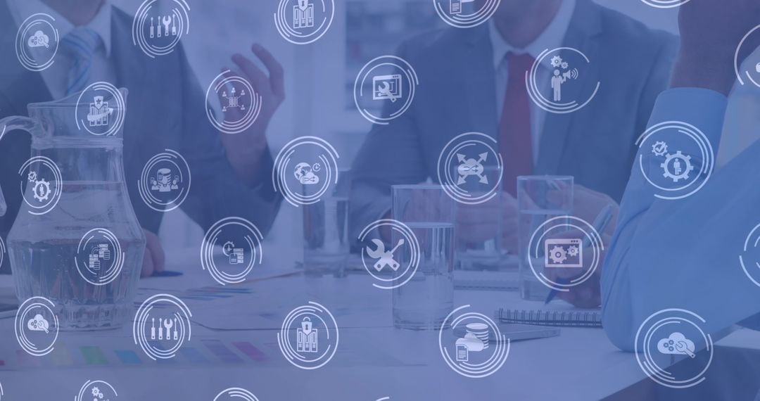 Business Meeting with Technology Deployment Icons Overlay