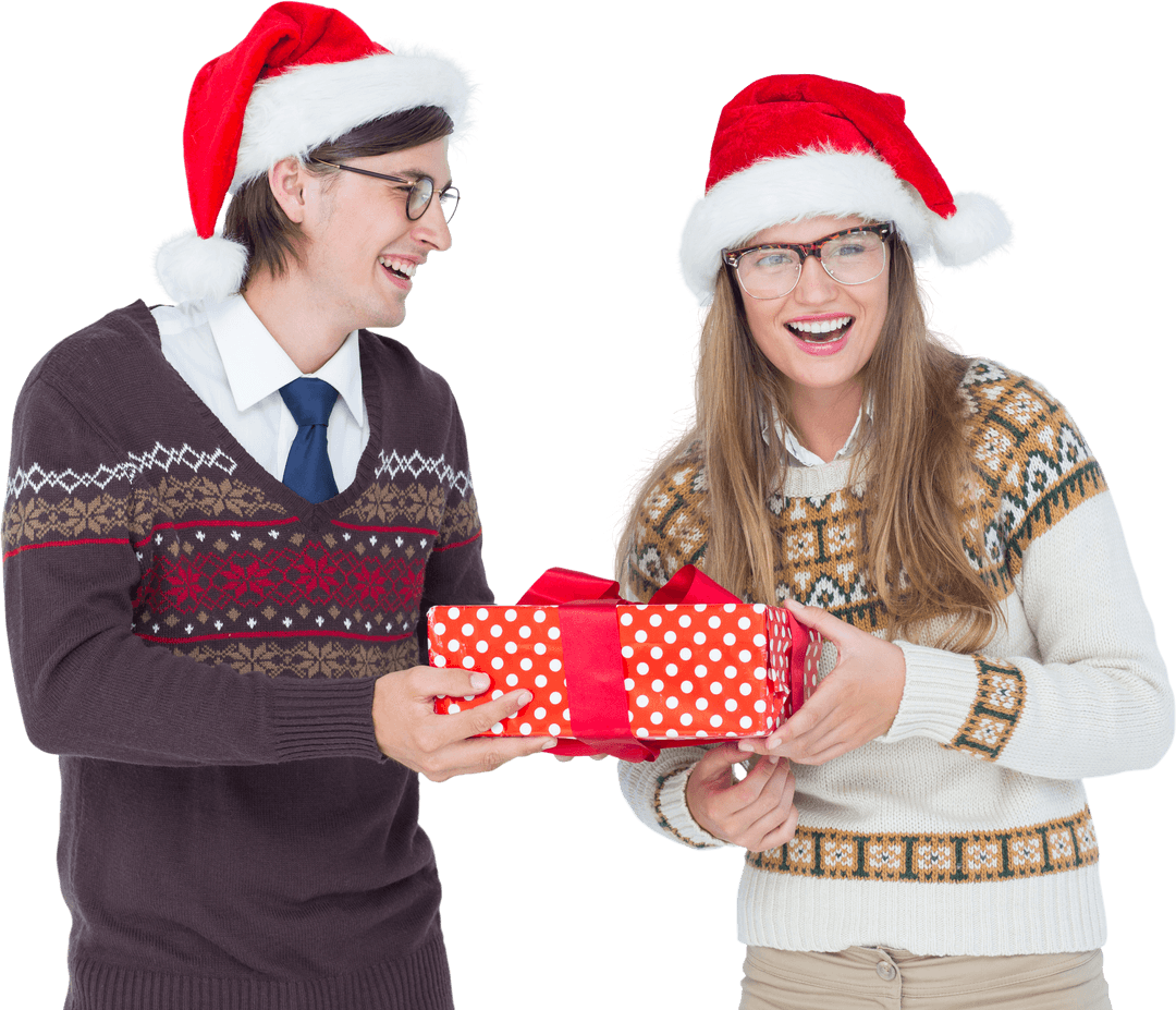 Geeky Hipster Couple Exchanging Christmas Present Transparent Background