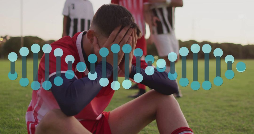 Disappointed Soccer Player Sitting on Field with Opponents Watching