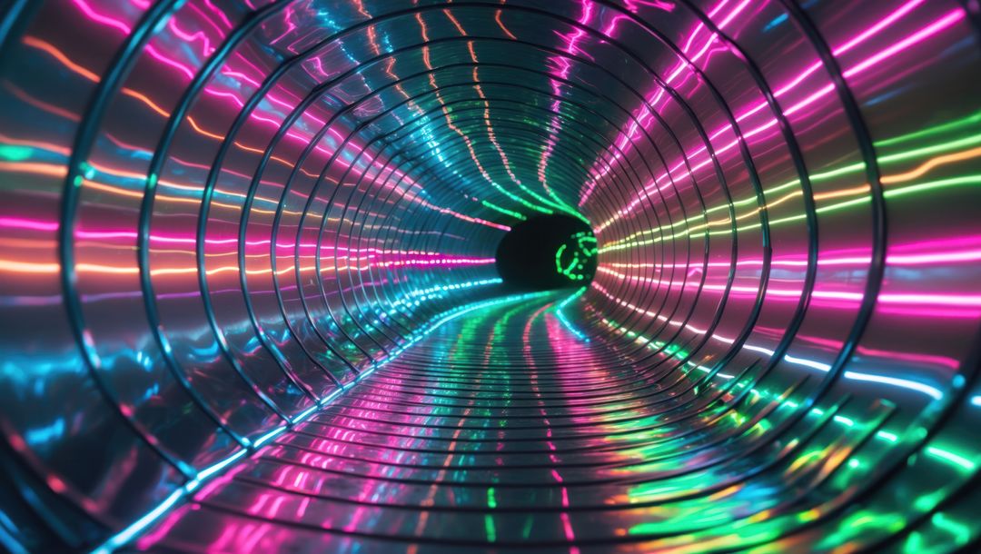 Futuristic Neon Tunnel with Glowing LED Reflections in Abstract Space