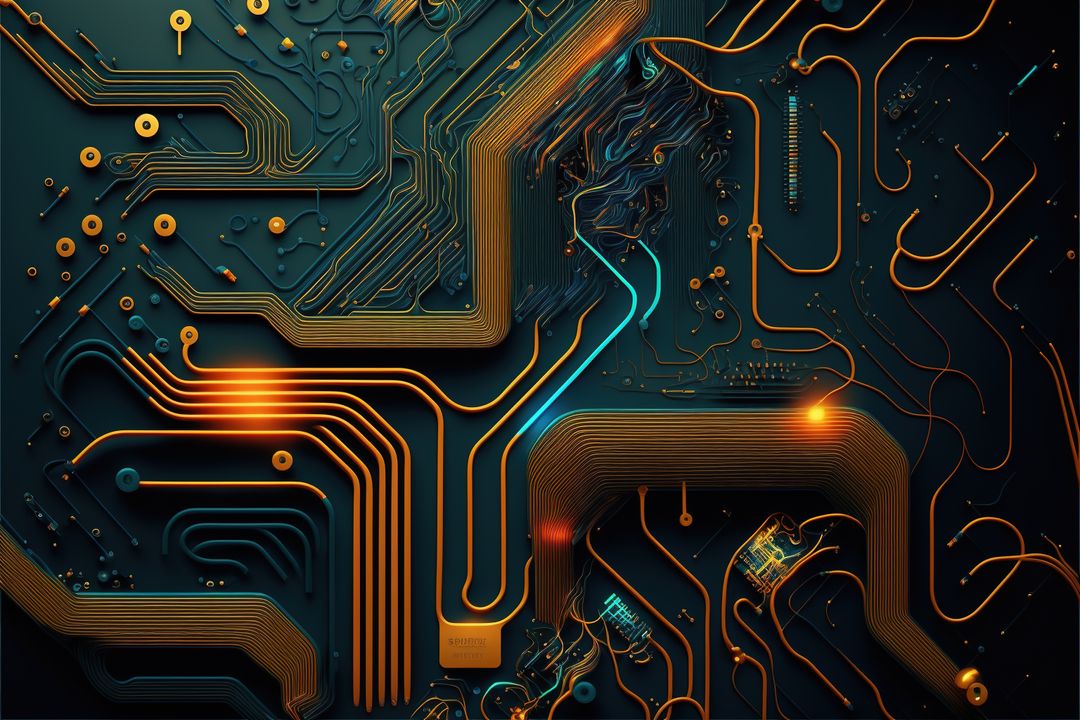 Image of computer circuit board and orange light trails on dark background - Free Images, Stock Photos and Pictures on Pikwizard.com