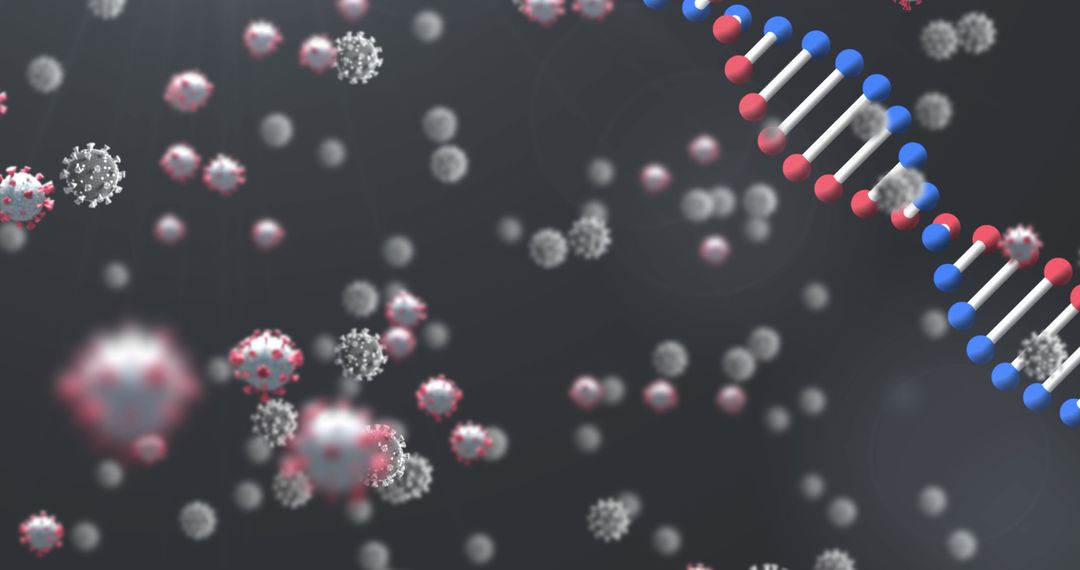 Coronavirus Particles Floating with DNA Helix in Background