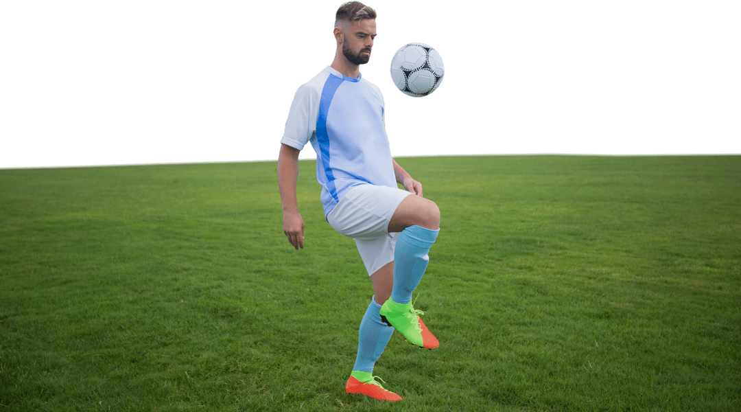 Transparent Soccer Player Juggling Ball on Grass Field