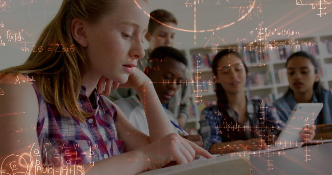 Students Using Tablet with Mathematical Equations Overlay in Classroom