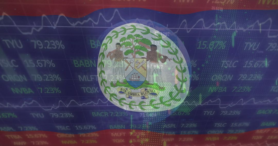 Belize Flag with Overlay of Financial Data and Market Graphs