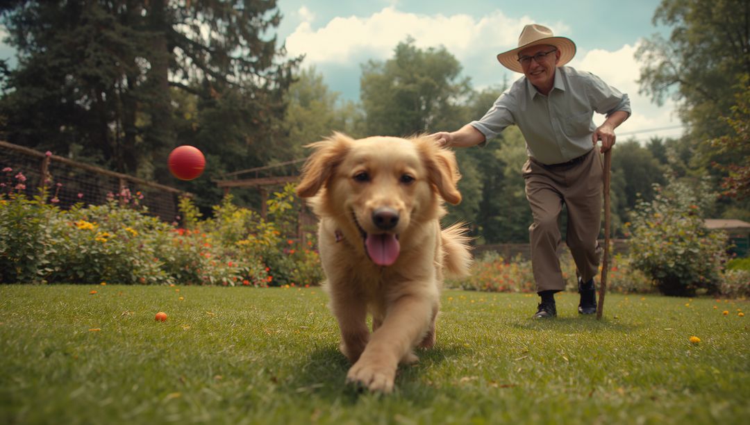 Senior Enjoying Outdoor Play Fetch with Happy Golden Retriever Puppy