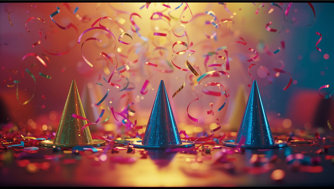 Cheerful Festive Scene with Glittering Party Hats and Confetti