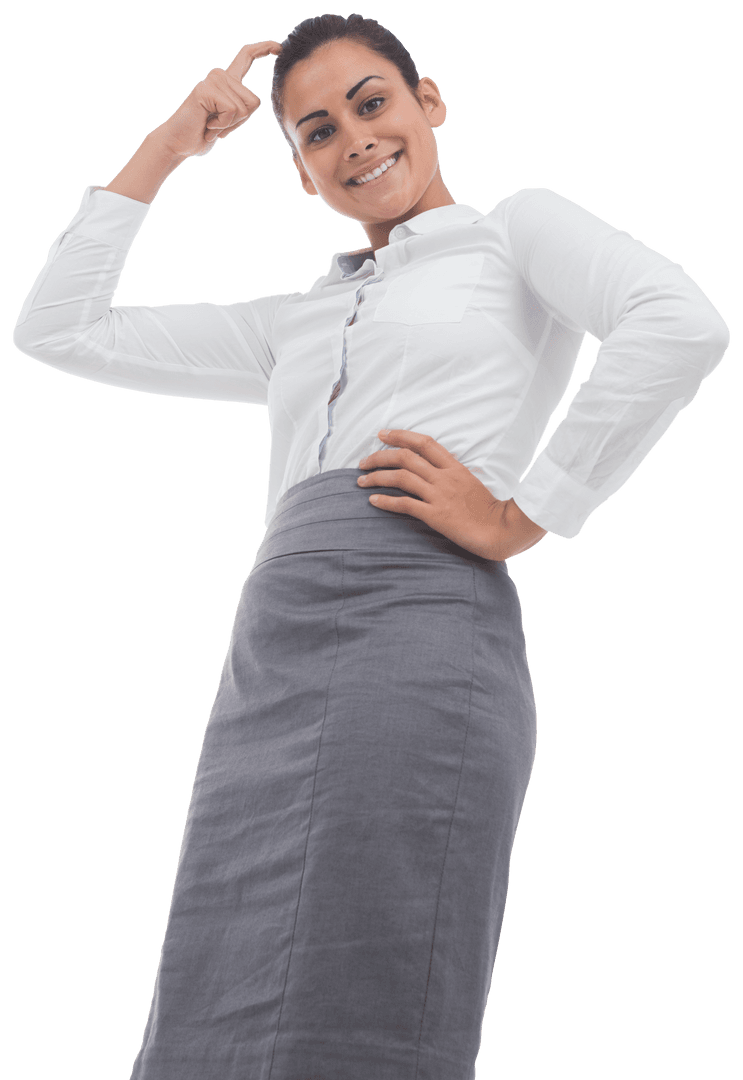 Transparent Businesswoman Smiling and Scratching Head