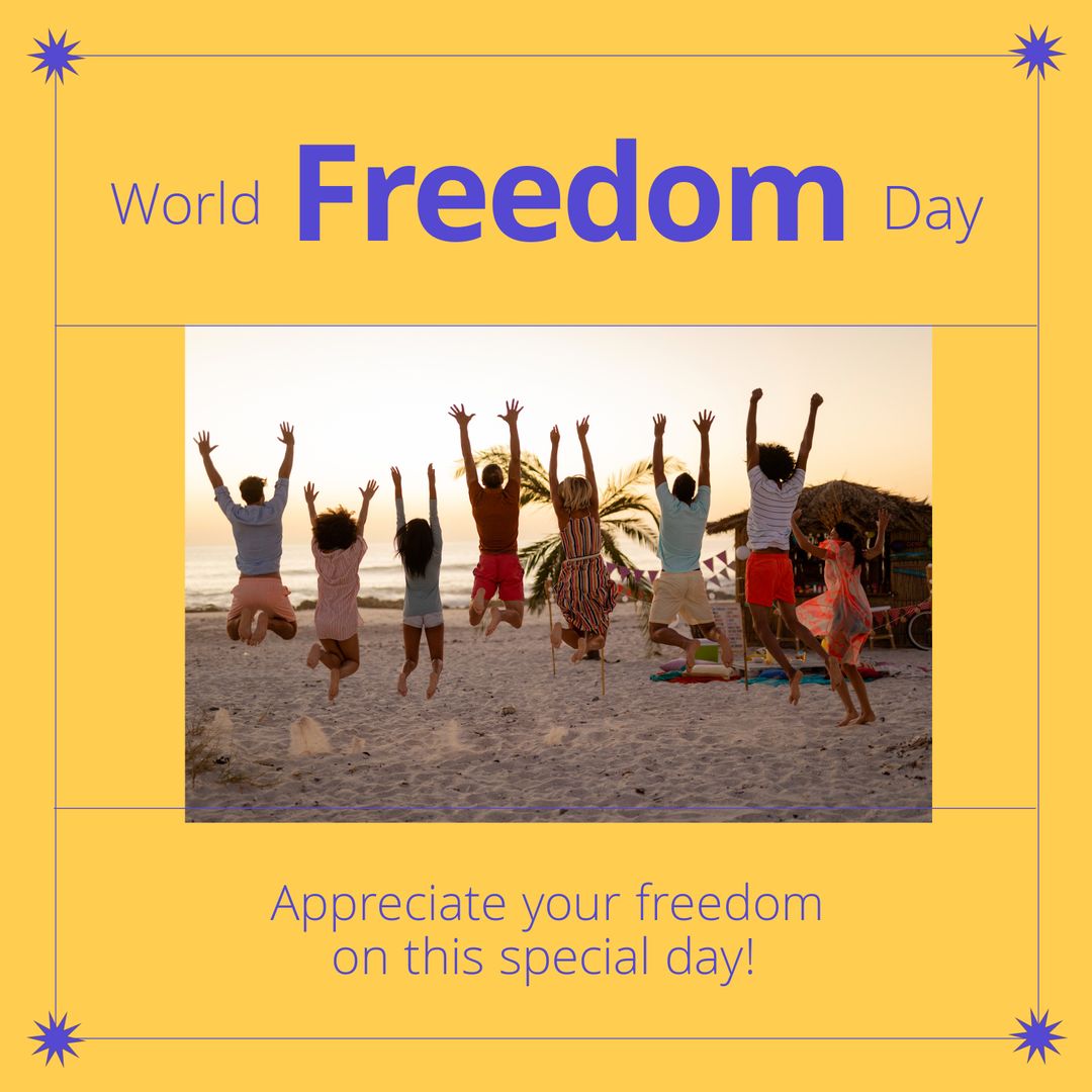 Joyful Friends Celebrating World Freedom Day on Beach