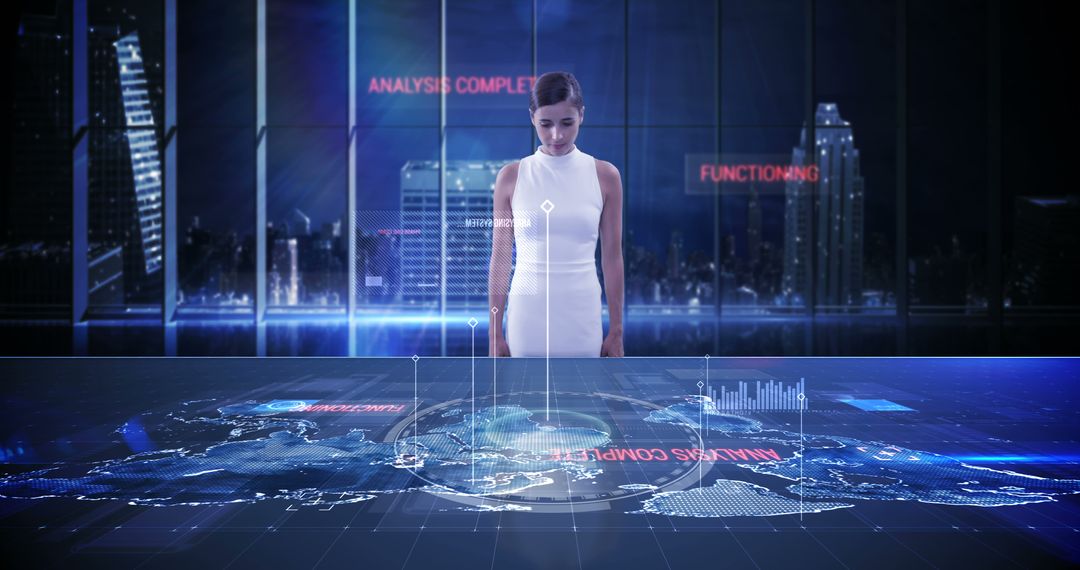 Businesswoman Interacting with Digital World Map in Futuristic Office - Free Images, Stock Photos and Pictures on Pikwizard.com