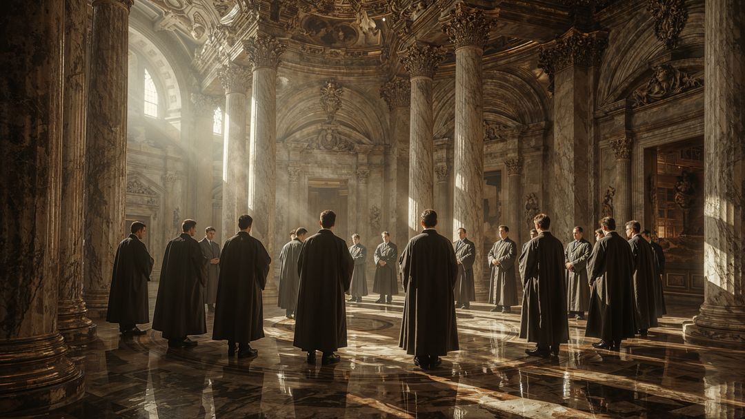 Robed Gathering in Grand Classical Hall with Sunlit Marble Columns