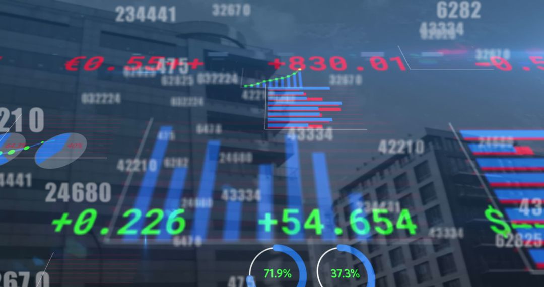 Digital Stock Market Analytics Overlay on Cityscape Background