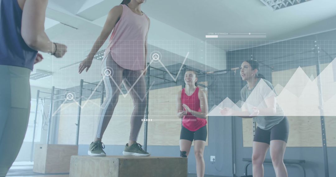 Diverse Women Exercising in Gym Overlay with Technology Interface