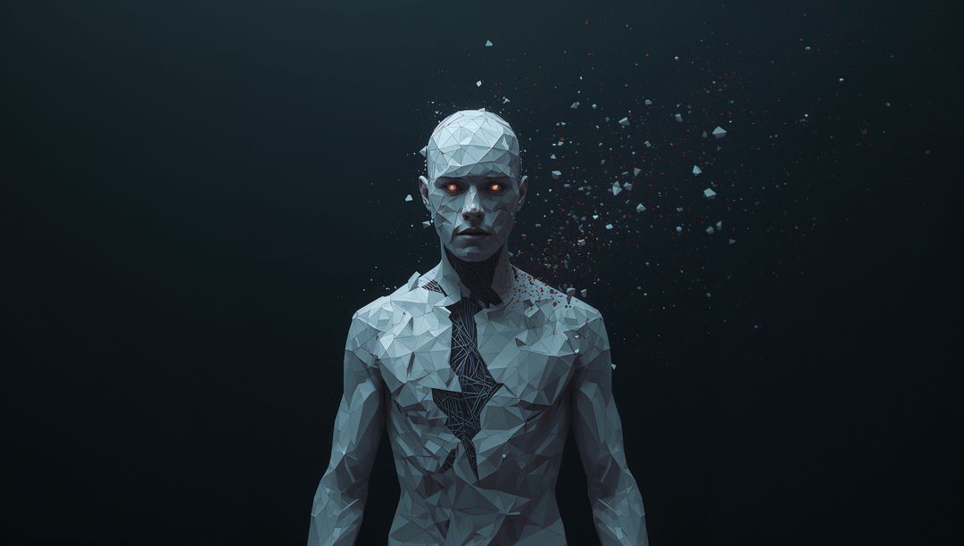 Standing Low-Poly Android with Luminous Eyes and Fragmenting Geometric Chest