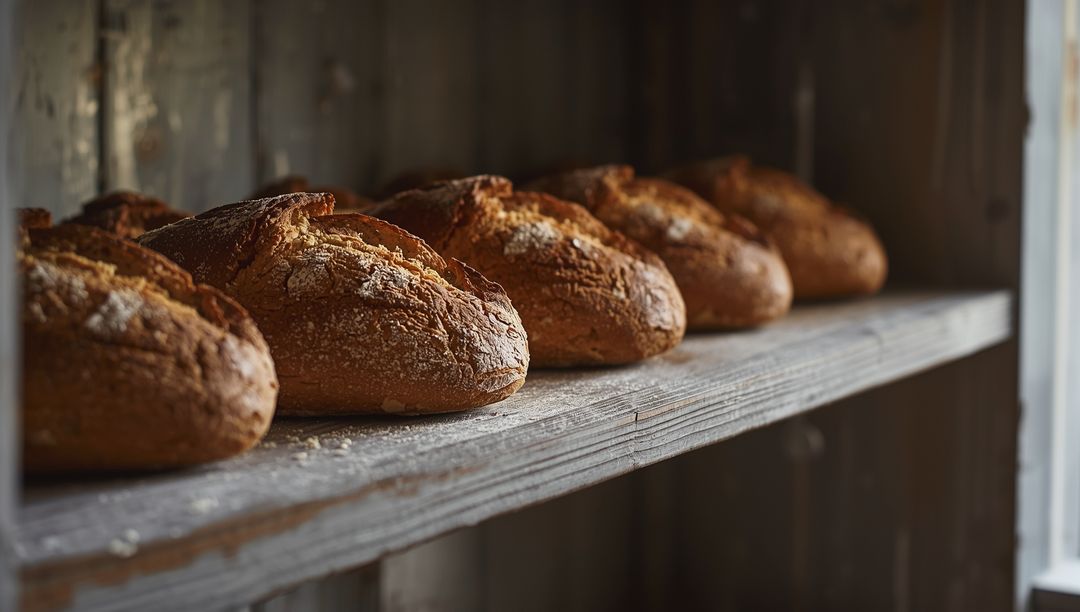 Artisanal Bread Loaves Resting on Rustic Wooden Shelf