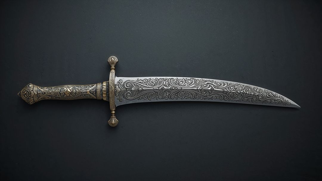 Ornate Curved Dagger with Engraved Floral Designs on Dark Backdrop