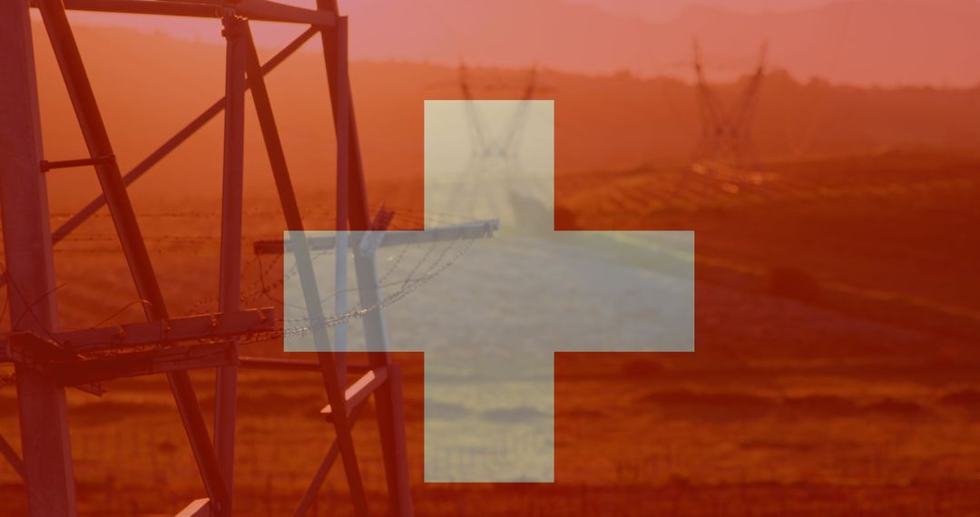 Swiss Flag Overlay on Power Grid during Sunset