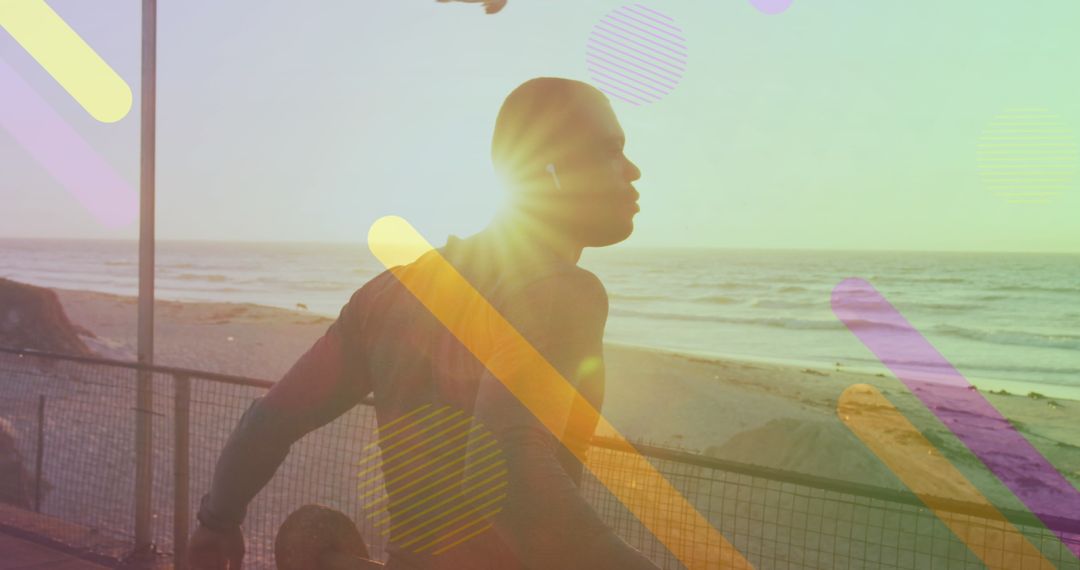 Man Stretching by Beachfront Neath Abstract Shapes Illustration