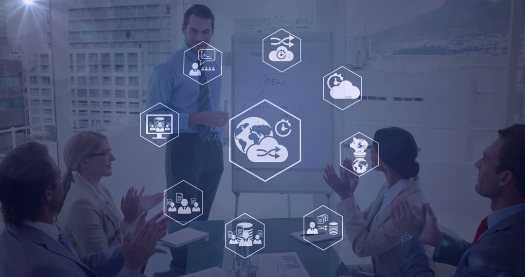 Business Team Analyzing Global Network Data Icons in Modern Office