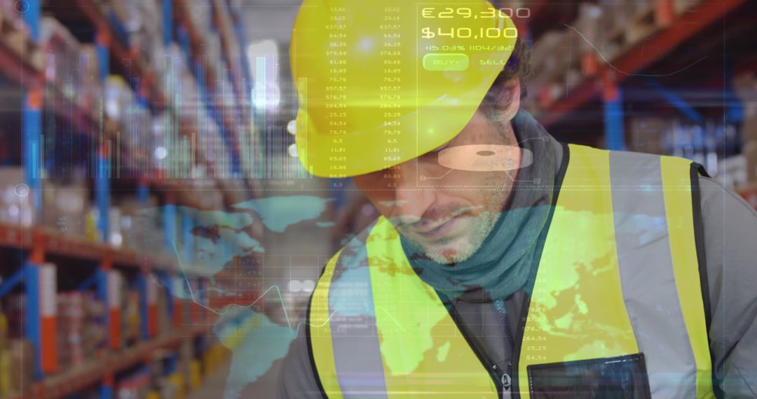 Worker in Warehouse Analyzing Digital Global Data and Logistics