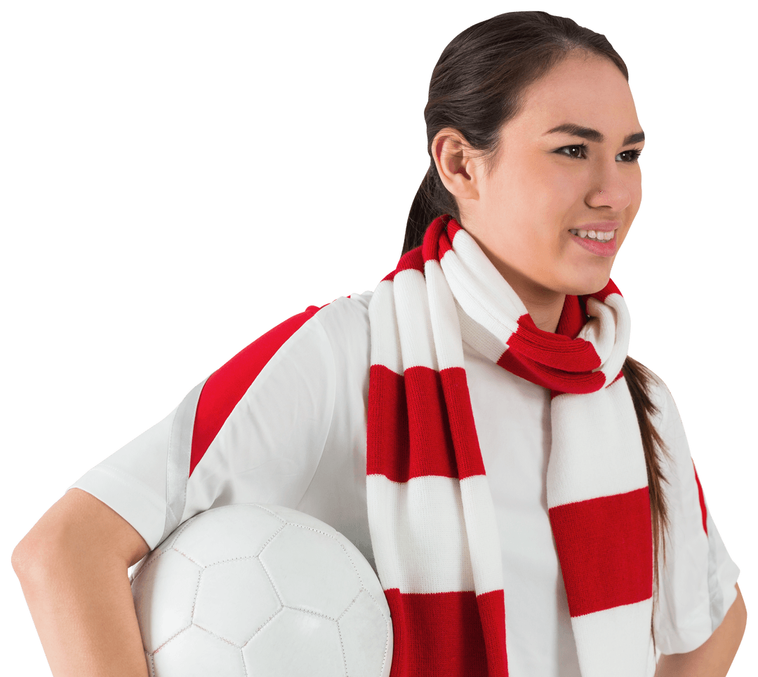 Smiling Female Football Fan in Red White Holding a Transparent Soccer Ball