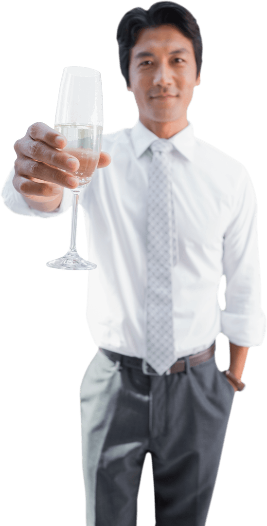 Transparent Smiling Man Toasting with Champagne Flute
