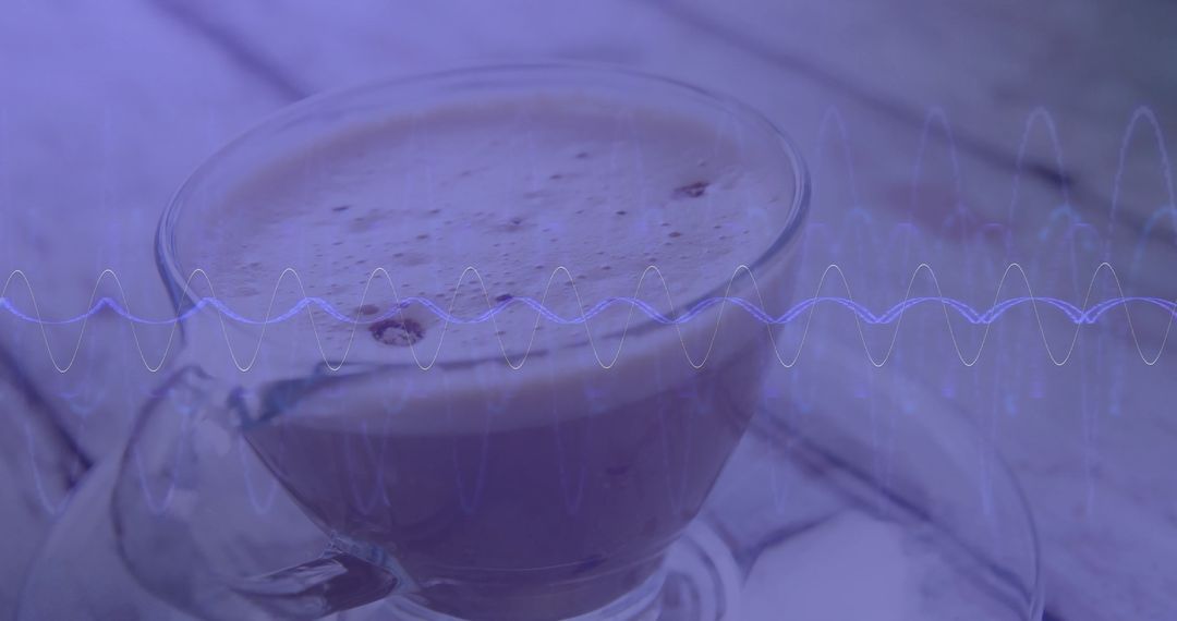 Frothy Coffee in Glass Cup with Abstract Waveform Overlay