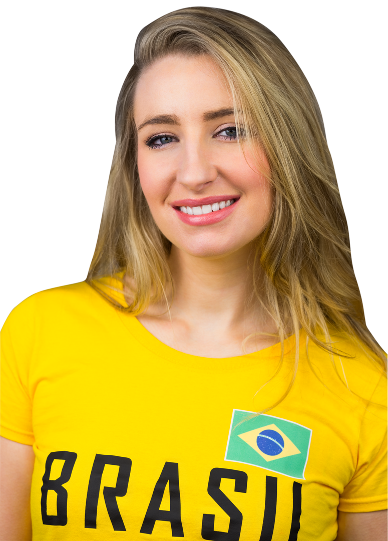 Smiling Blonde Woman in Transparent Brazil Football T-shirt Isolated On White - Download Free Stock Images Pikwizard.com